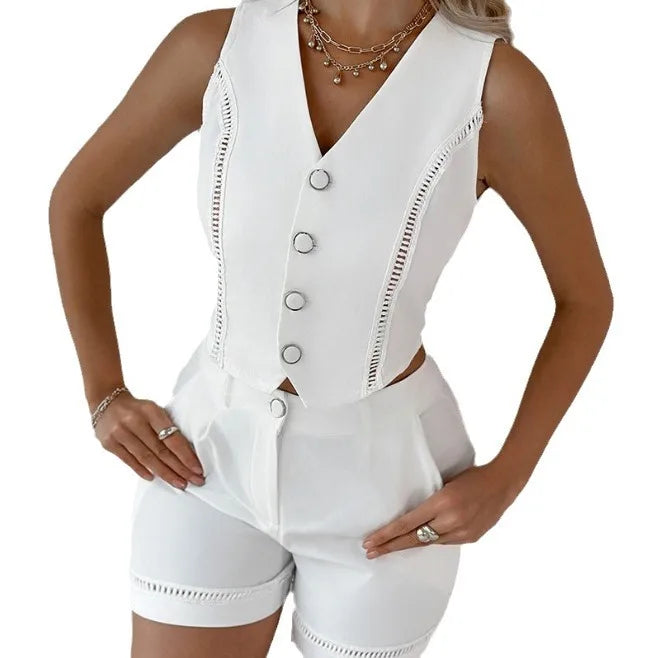 UNIKCOSA’s 2025 Summer Vest Set — Sleeveless Button Tank + High-Waist Shorts 2-Piece