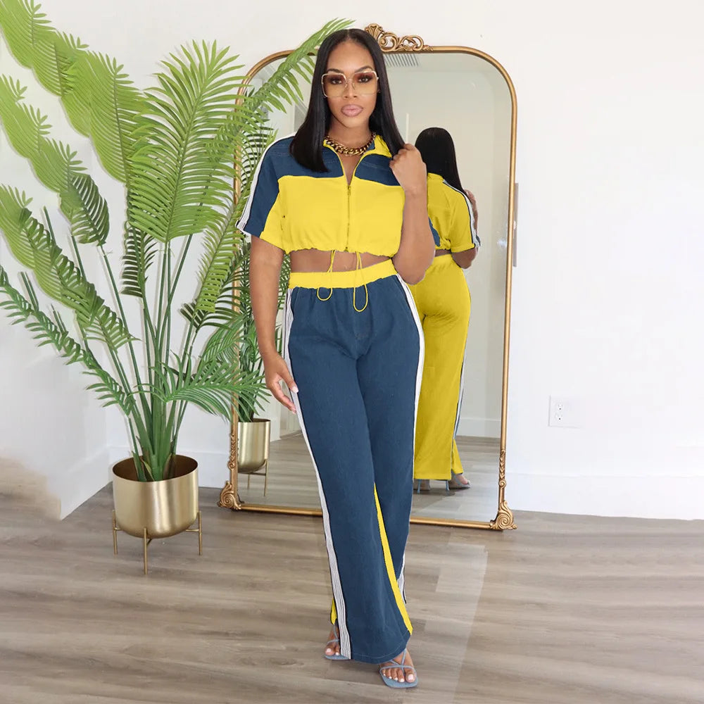 UNIKCOSA’s Patchwork Denim 2-Piece Set — Sexy Crop Top + Matching Jeans Trousers