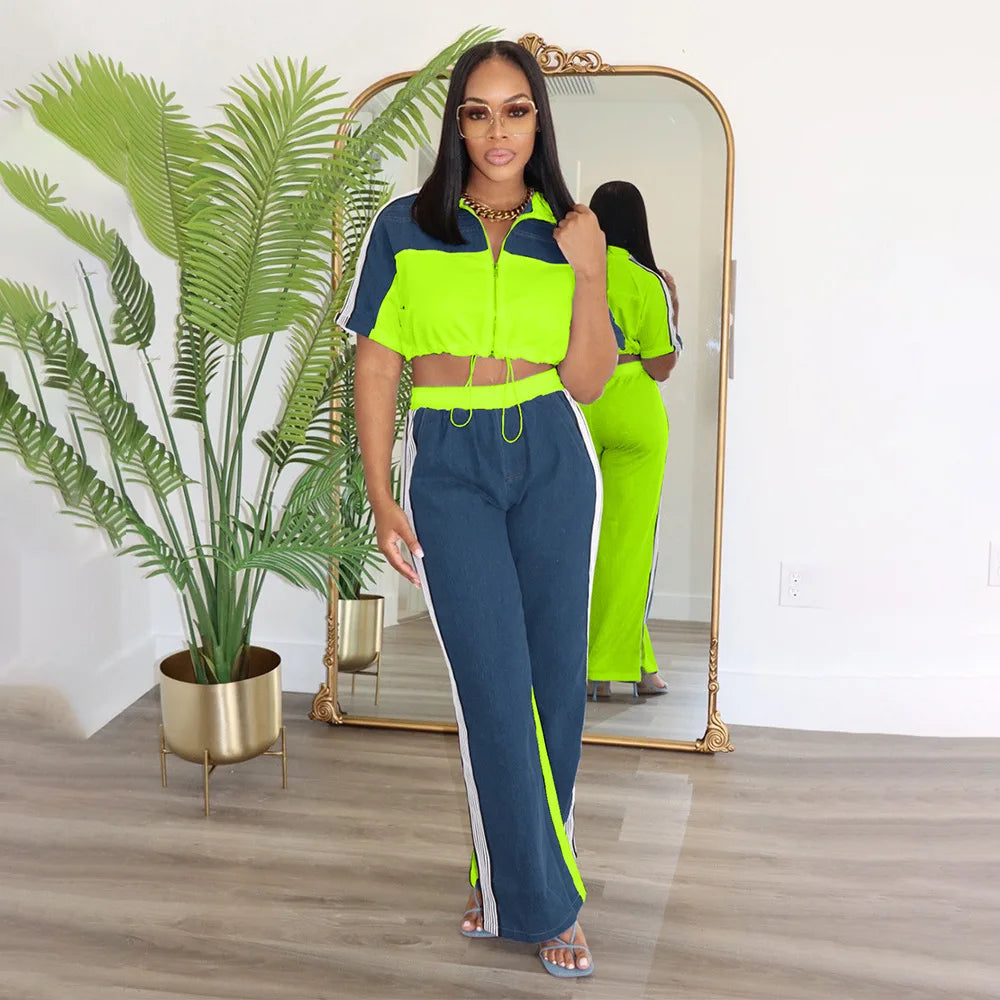 UNIKCOSA’s Patchwork Denim 2-Piece Set — Sexy Crop Top + Matching Jeans Trousers