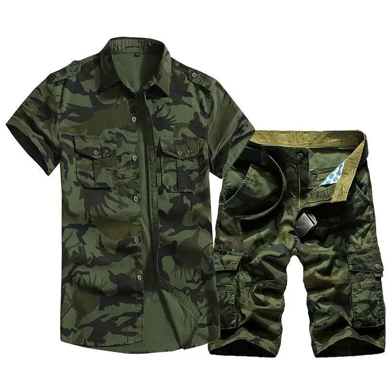 UNIKCOSA Men’s Camouflage Summer Set – Pure Cotton Short Sleeve Shirt & Multi-Pocket Shorts Workwear Outfit