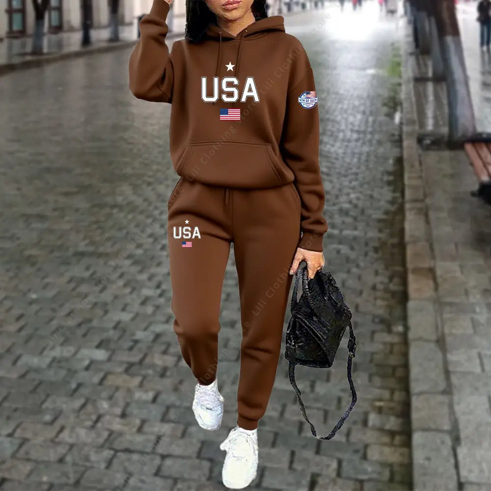 UNIKCOSA’s USA Letter Tracksuit — Hoodie + Jogger Pants 2-Piece Autumn/Winter Set
