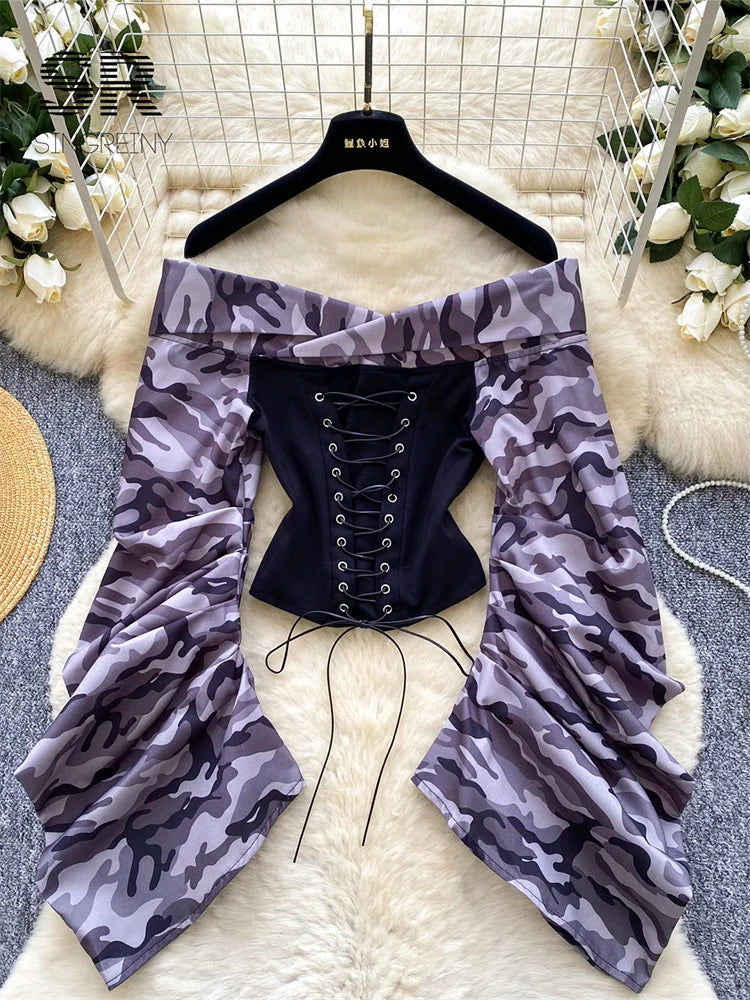 UNIKCOSA’s 2025 Camouflage Lace-Up Blouse — Off-Shoulder Retro Crop Top