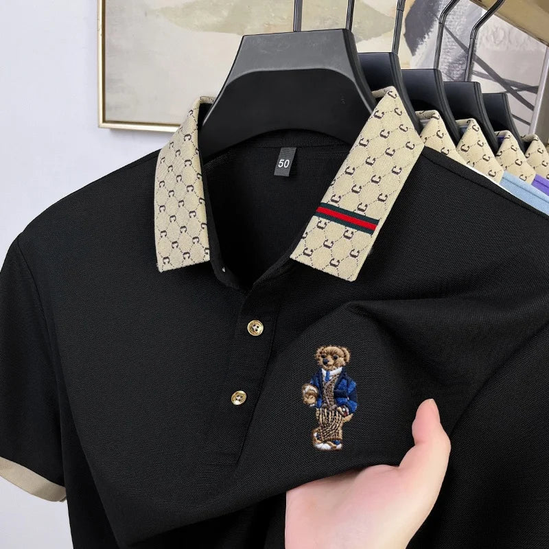 UNIKCOSA Men’s Teddy Bear Embroidered Polo – High Quality Cotton & Mulberry Silk Golf Business T-Shirt (Summer Edition)