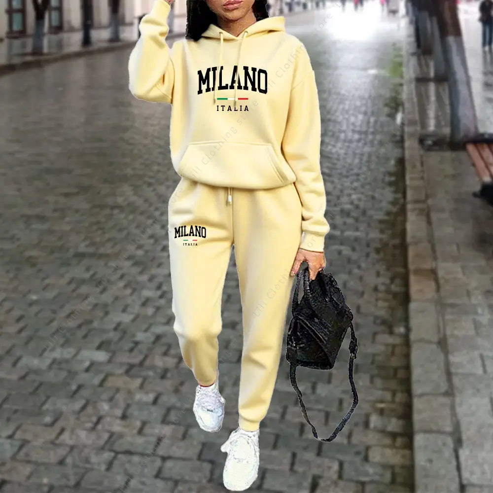 UNIKCOSA’s 2025 Milano Tracksuit — Letter Print Hoodie + Jogger Pants Set