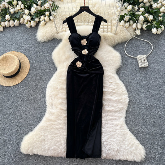 UNIKCOSA Velora Velvet Floral Dress Camisole Pleated Waist 💫