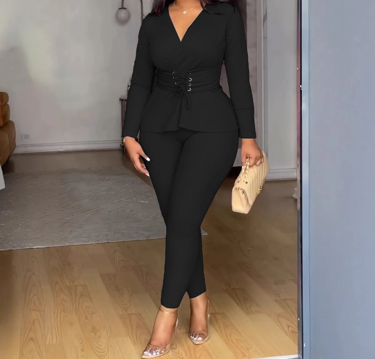 UNIKCOSA™ 2025 Fall Elegant 2-Piece Pant Set – V-Neck Slim-Fit Top & High-Waist Long Pants | Women’s Solid Casual Work Suit