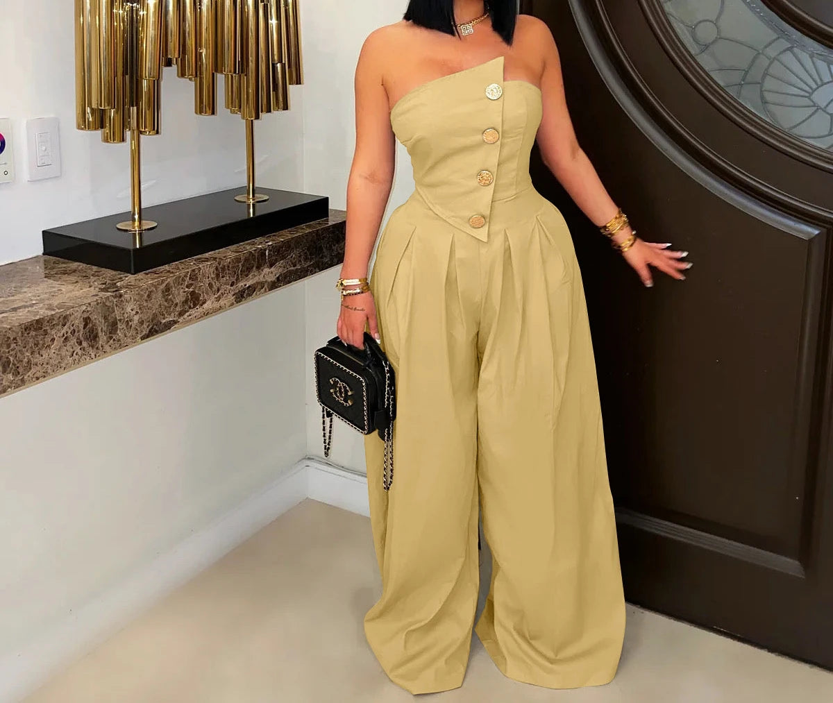 UNIKCOSA™ 2025 Summer Strapless Jumpsuit – Sexy High-Waist Button-Up Wide-Leg One-Piece | Women’s Sleeveless Fashion Outfit