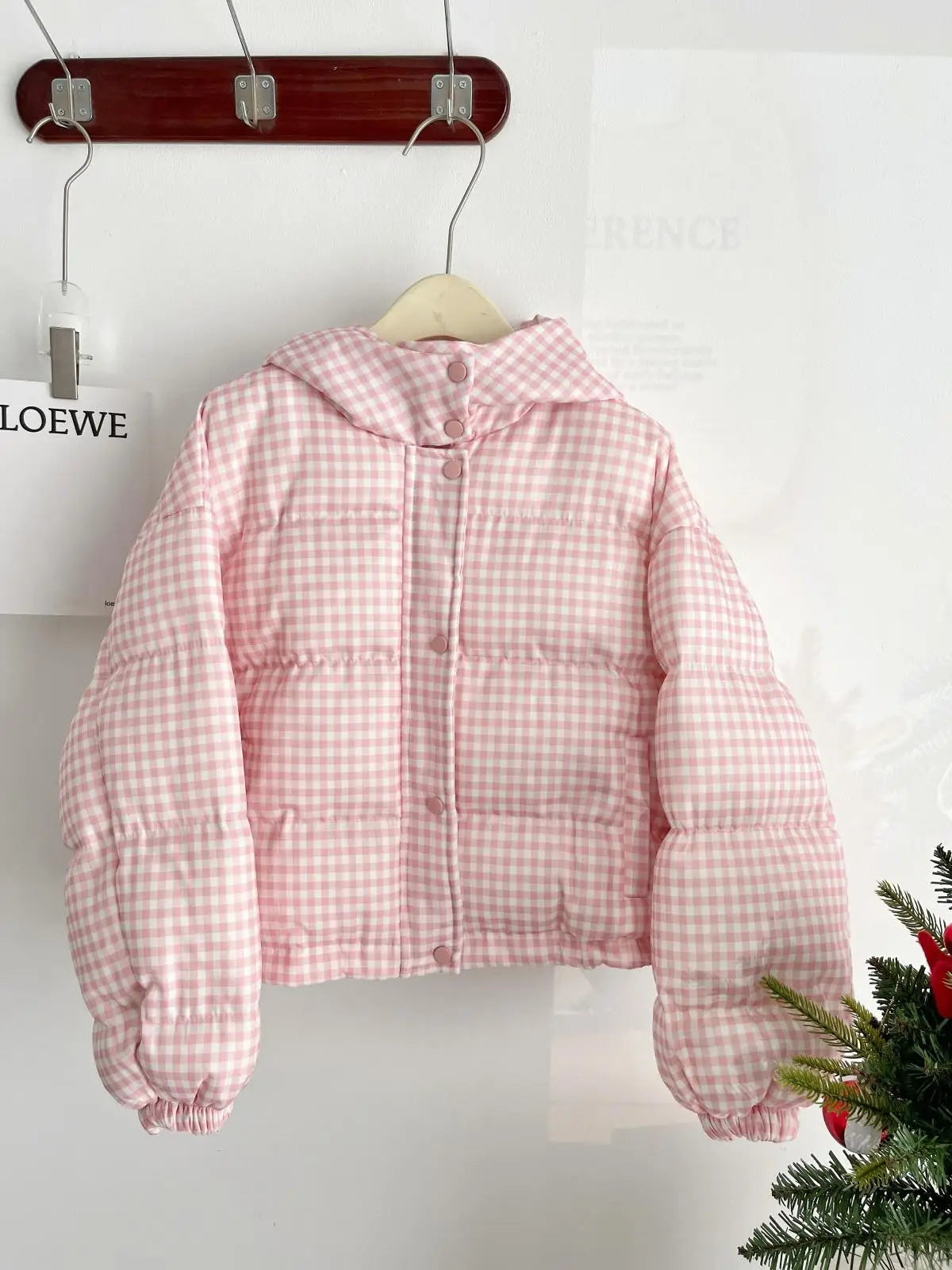 UNIKCOSA’s Lovely Pink & White Plaid Down Coat — Hooded Short Puffer Jacket