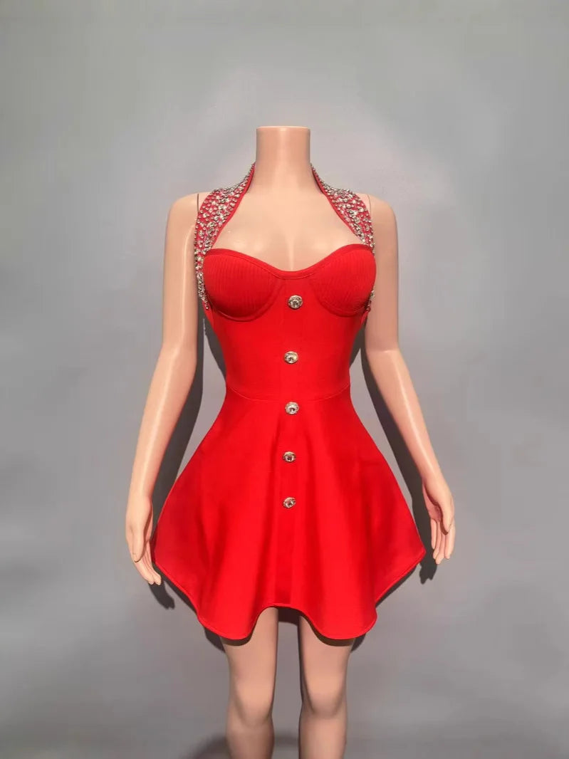 UNIKCOSA’s Red Beaded Halter Bandage Dress — Slim Fit, Backless A-Line Party Elegance