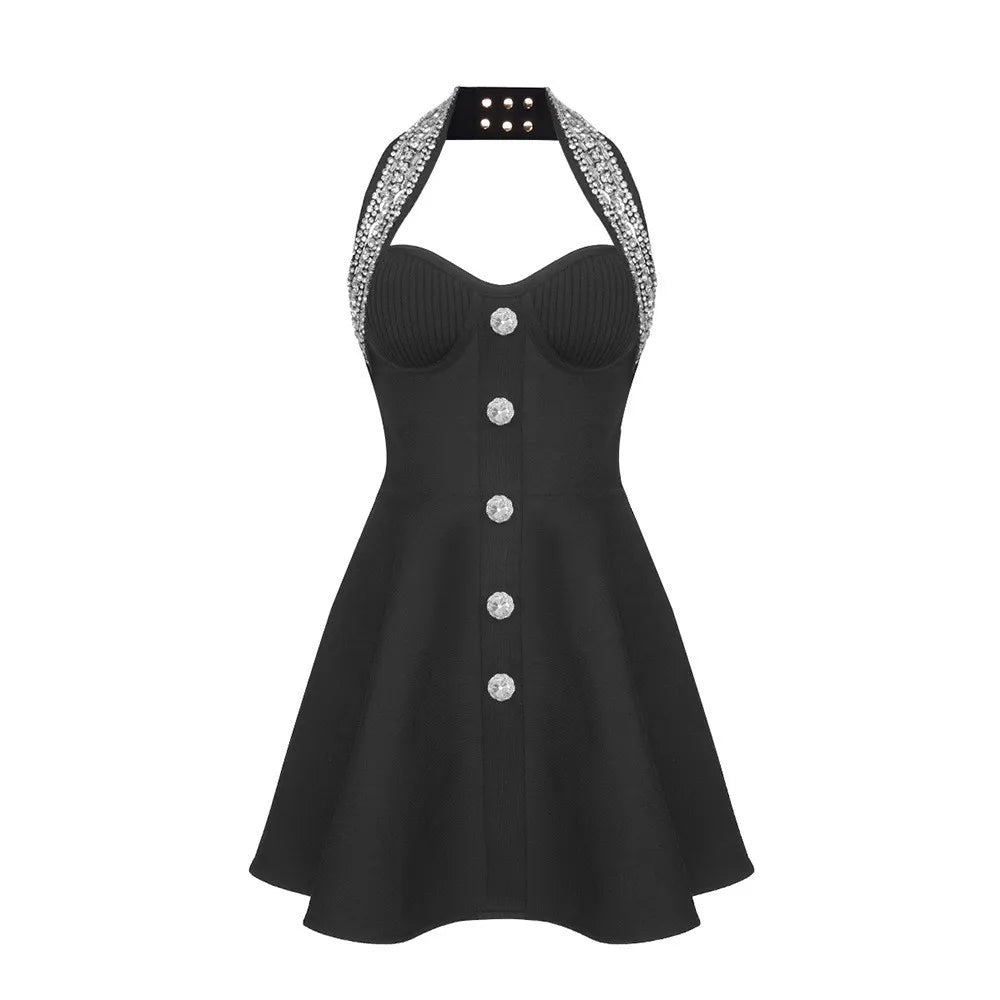 UNIKCOSA’s Red Beaded Halter Bandage Dress — Slim Fit, Backless A-Line Party Elegance