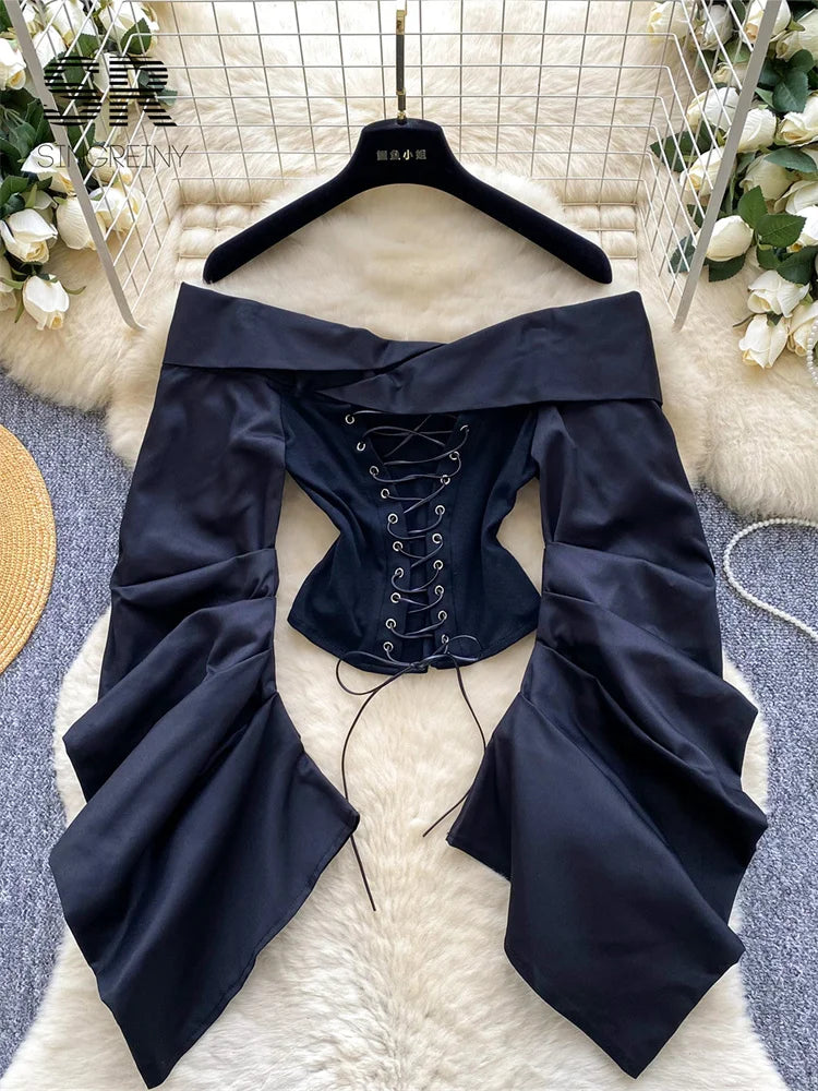 UNIKCOSA’s 2025 Camouflage Lace-Up Blouse — Off-Shoulder Retro Crop Top