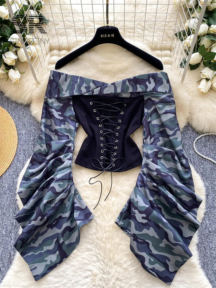UNIKCOSA’s 2025 Camouflage Lace-Up Blouse — Off-Shoulder Retro Crop Top