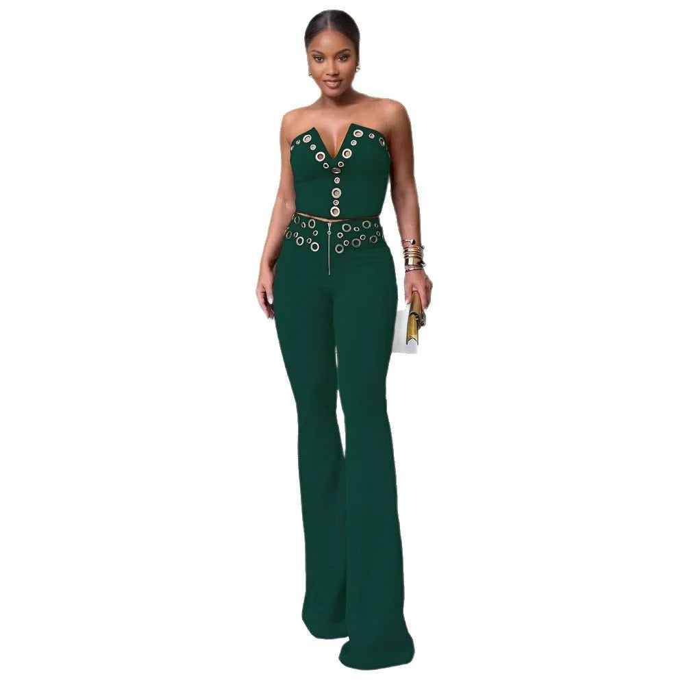UNIKCOSA™ Sexy 2-Piece Pant Set – V-Neck Strapless Crop Top & High-Waist Slim Fit Pants | Women’s Y2K Streetwear Outfit