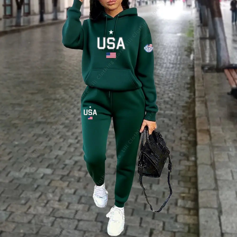 UNIKCOSA’s USA Letter Tracksuit — Hoodie + Jogger Pants 2-Piece Autumn/Winter Set