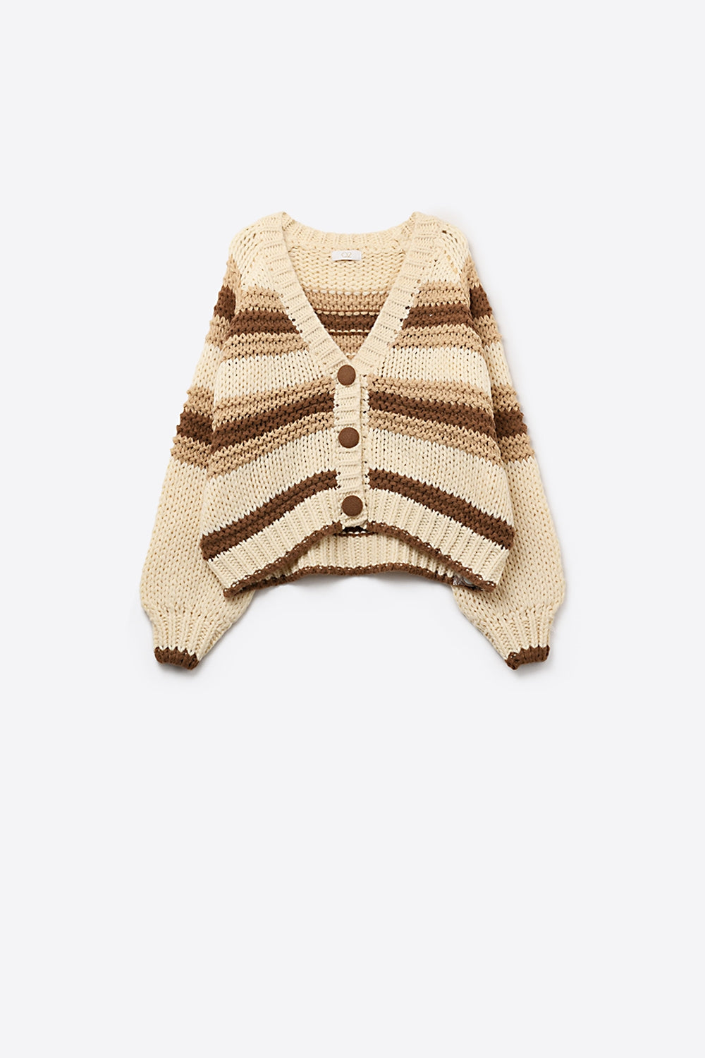 V-neck Chunky Knit Cardigan in striped of Brown and camel