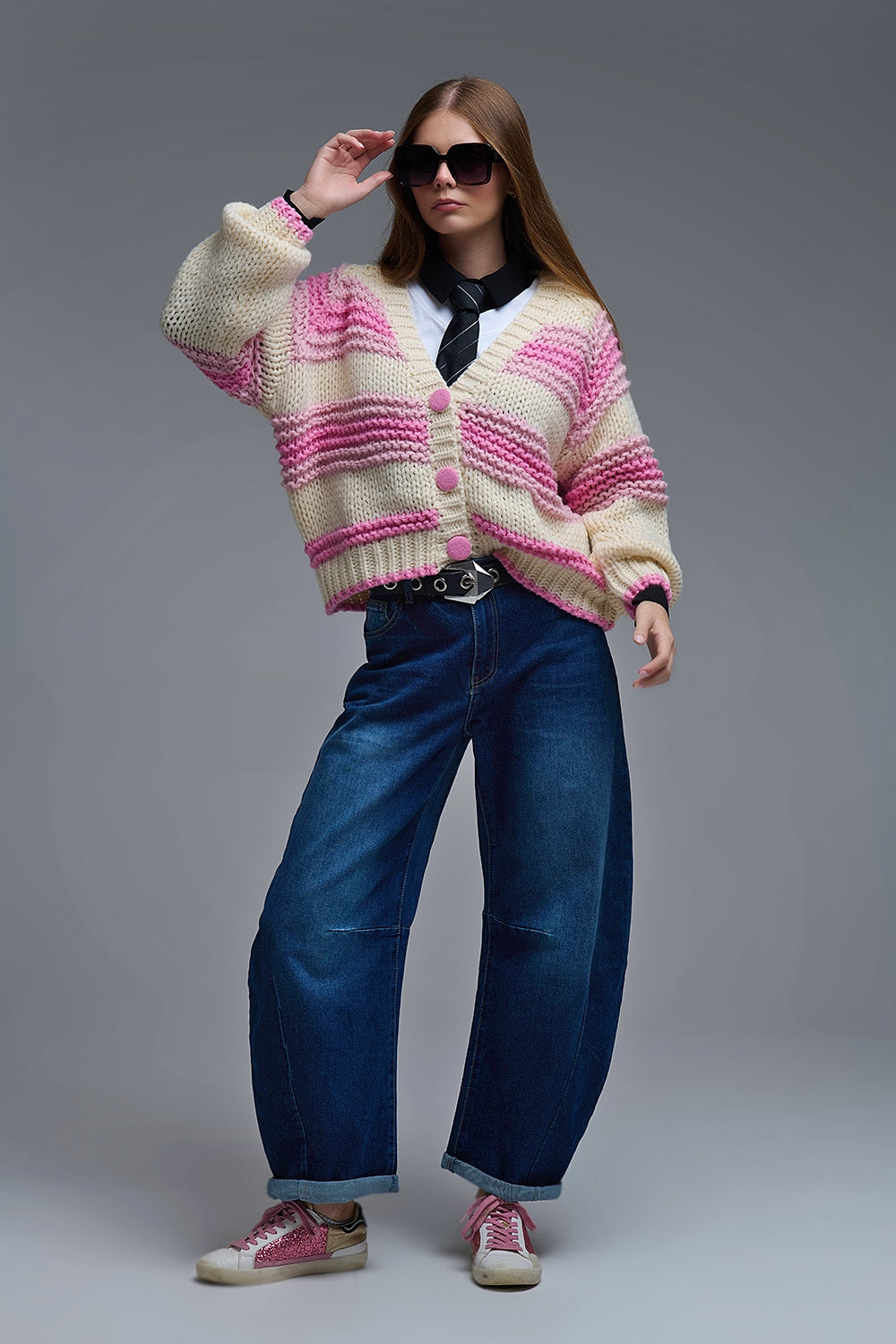 V-neck Chunky Knit Cardigan in stripes of Pink and cream