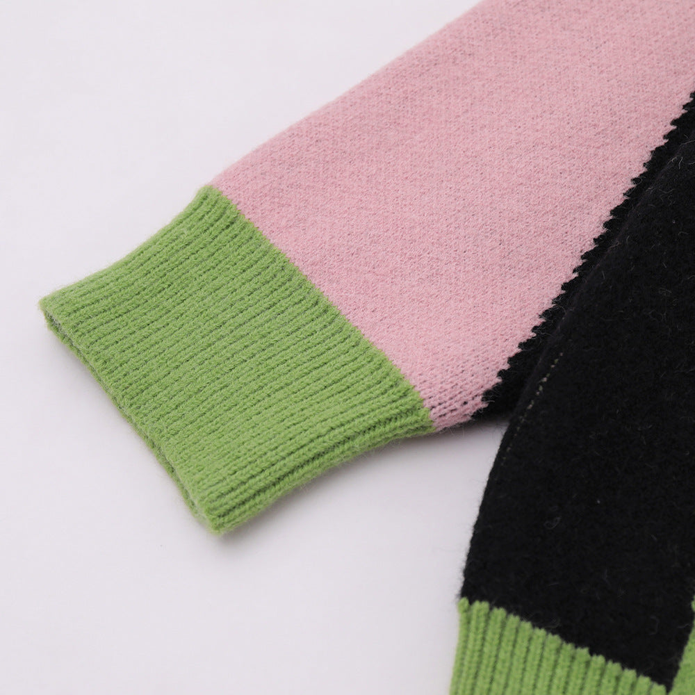 UNIKCOSA Contrast Jacquard Knit Sweater – Blue & Green Street Style Winter Essential