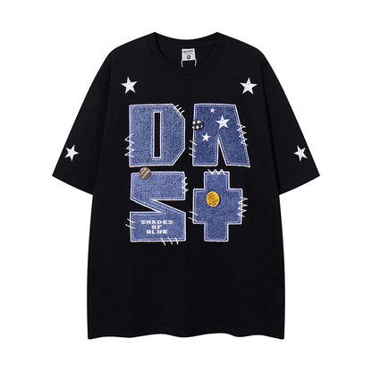 UNIKCOSA RetroMuse Denim Patch Embroidered T Shirt Men 💫