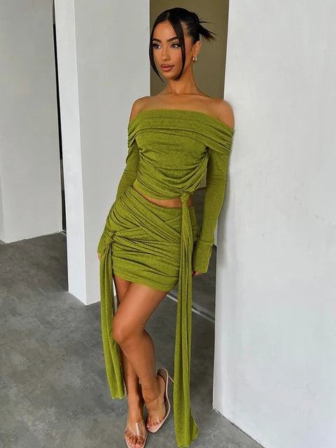 UNIKCOSA AllureSet Off-Shoulder Ruched Crop Top & Mini Skirt for Women 💃