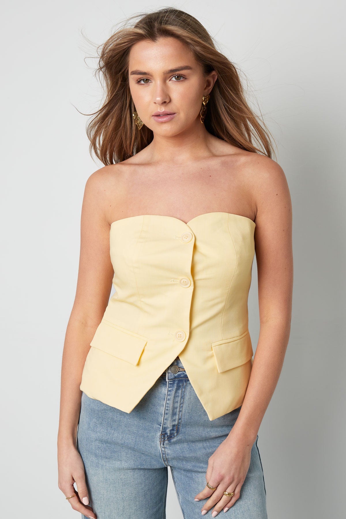 Polyester Women's Sleeveless Top Structured Buttoned Design