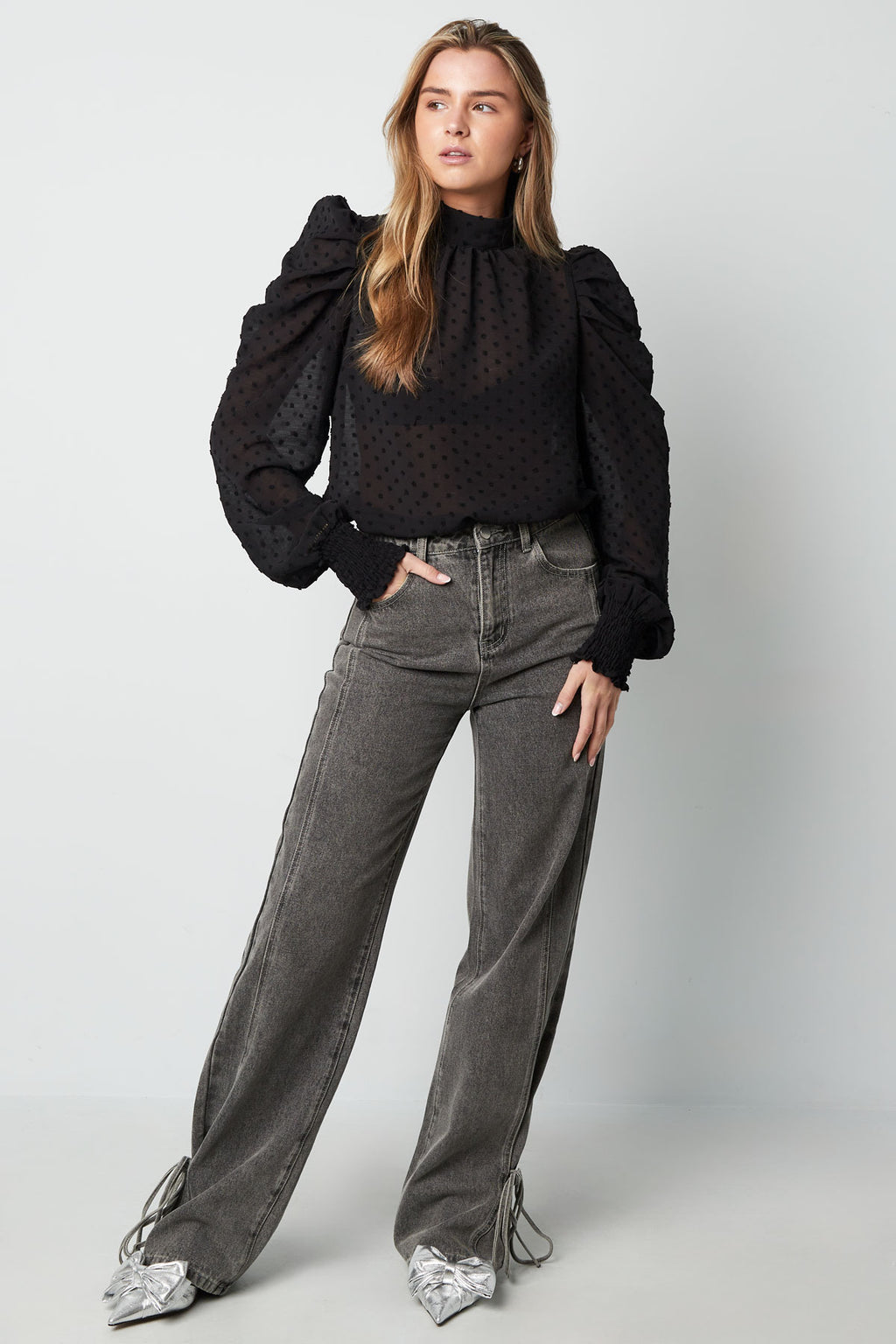 Polyester Women's Long Sleeve Top Puff Sleeve High Neck