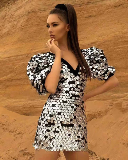 UNIKCOSA Velora Sequin Mini Dress With V Neck Puff Sleeves💫