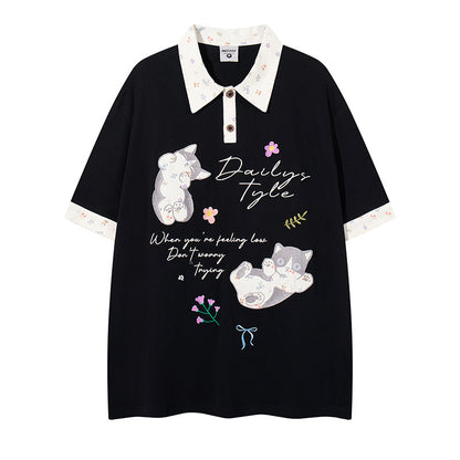 UNIKCOSA RetroMuse Cat Embroidered Short Sleeve Polo Shirt 💫