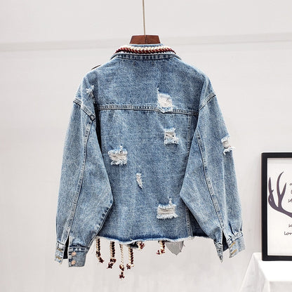 UNIKCOSA SparkRivet Tassel Denim Bomber Jacket for Women 💎