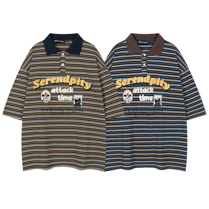 UNIKCOSA Velora Retro Stripe Tee Embroidered Turn Collar 💫