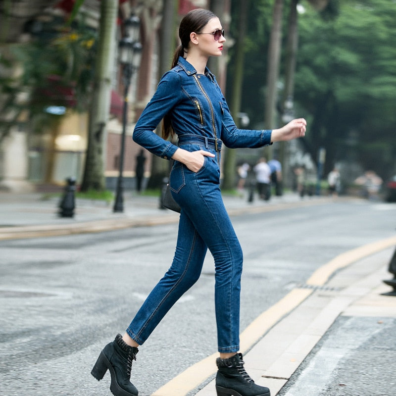 UNIKCOSA Velora Denim Jumpsuit High Waist Front Zipper 🌆