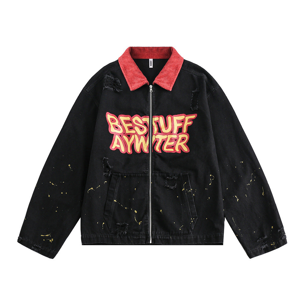 UNIKCOSA NoirFit Denim Jacket With Polo Collar Lettering 💫