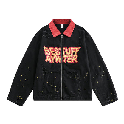 UNIKCOSA NoirFit Denim Jacket With Polo Collar Lettering 💫