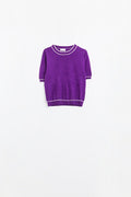 Purple short sleeve sweater with white line detail