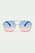 gold square frame sunglasses in ombre light blue with pink