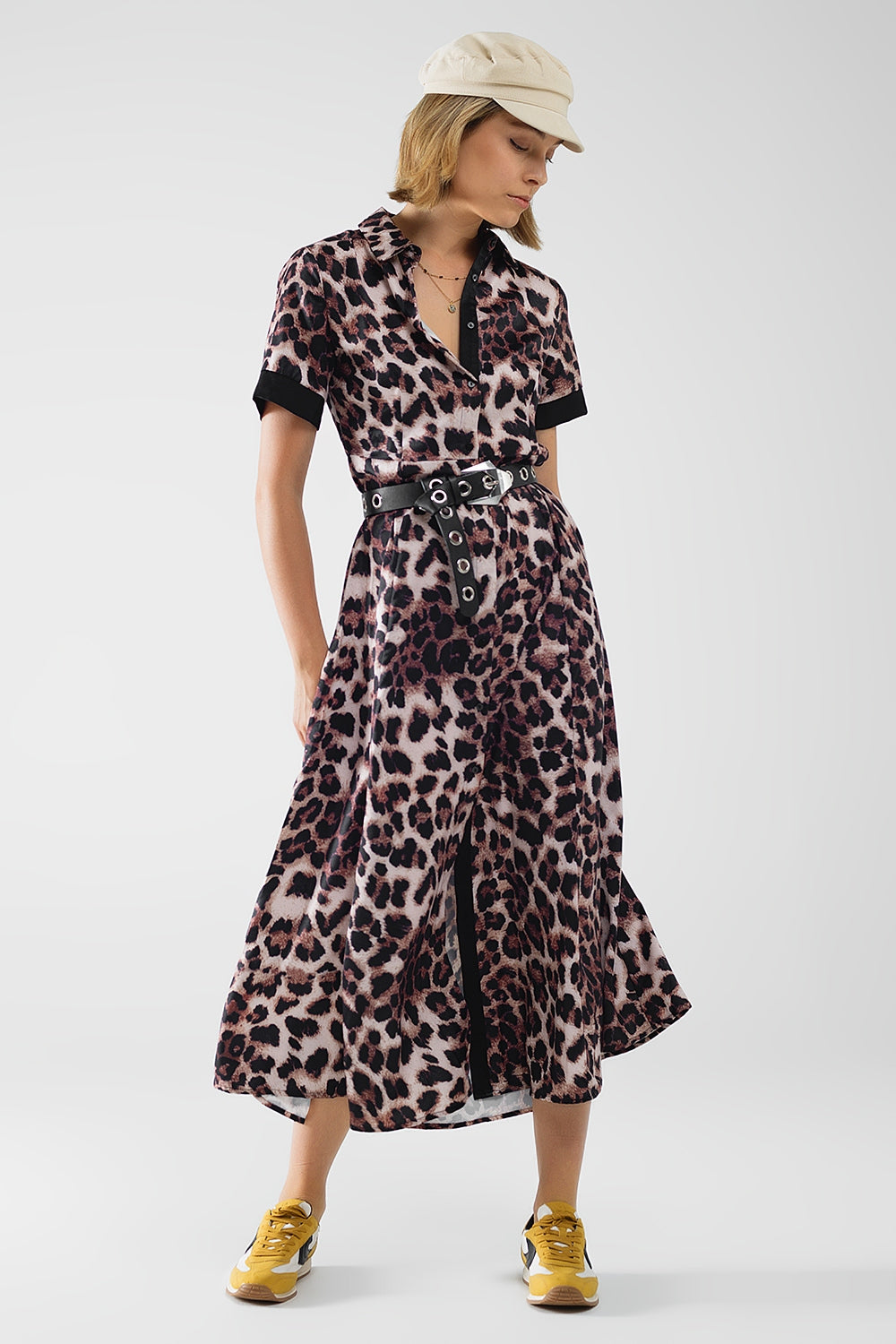 Leopard print buttoned maxi dress with satin detail