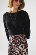 cropped fluffy sweater in black fitted at the waist