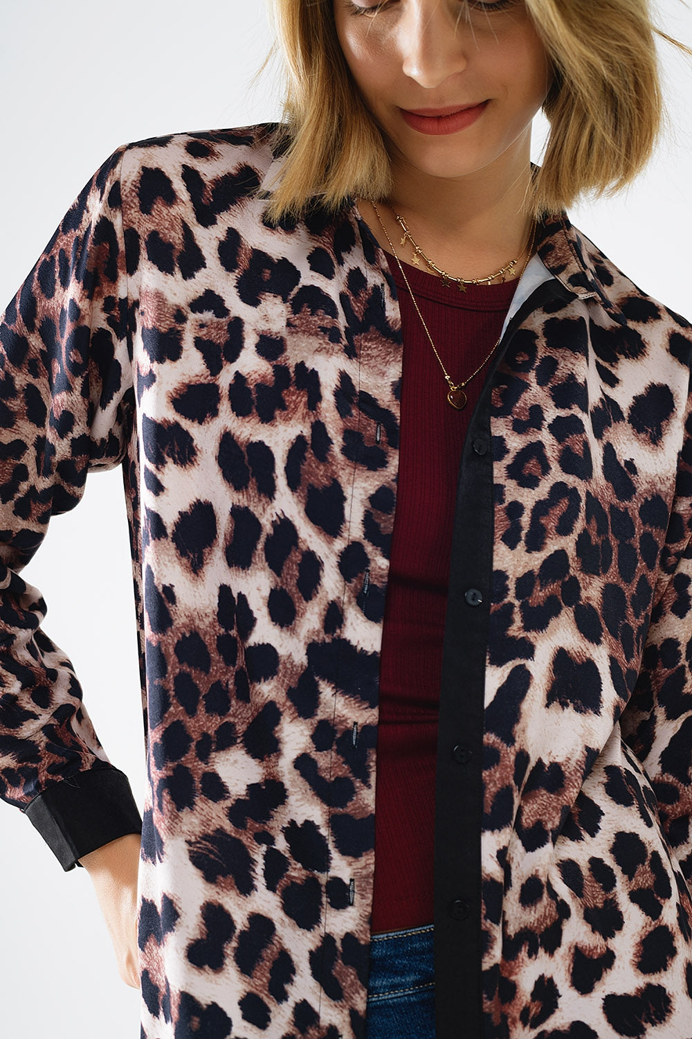 leopard shirt with black satin detail