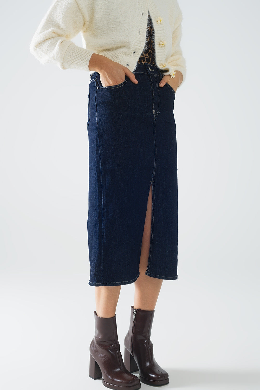 pencil denim skirt in dark wash