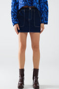 Dark wash denim mini skirt with front pockets