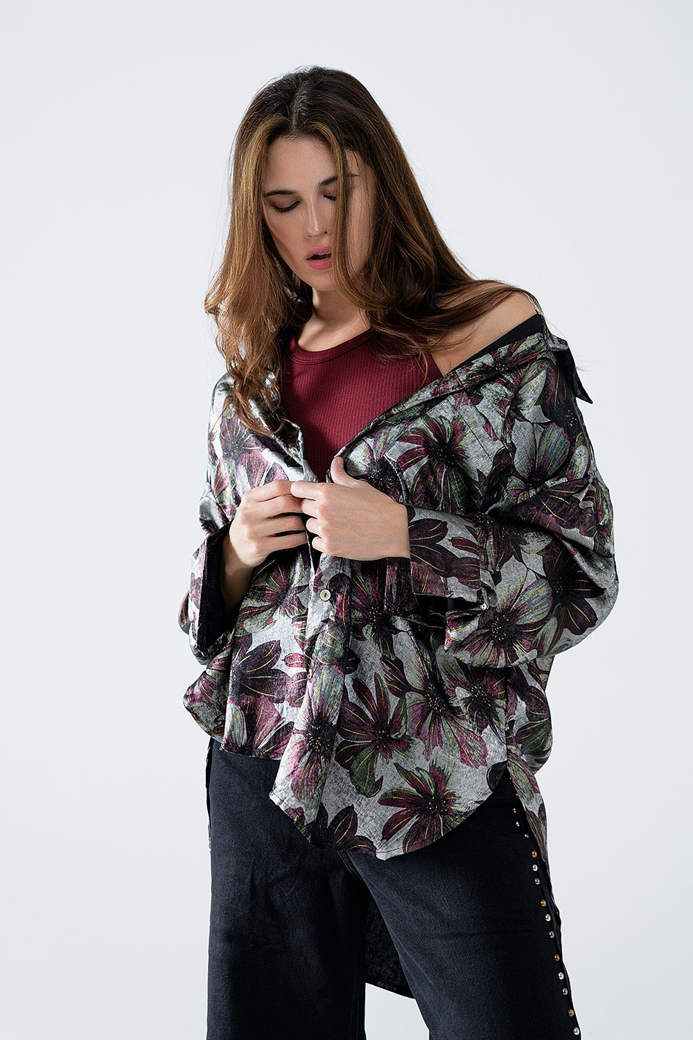 Metallic effect flower print shirt