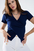 Navy sweater with crossed front and V-neck