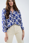 Balloon Sleeve Abstract Print Blouse in Navy and White