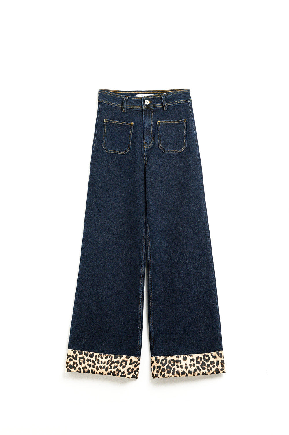 Dark wash wide leg jeans with leopard detail at the bottom