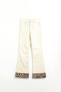 Light Beige Corduroy flare pants with leopard print at the bottom