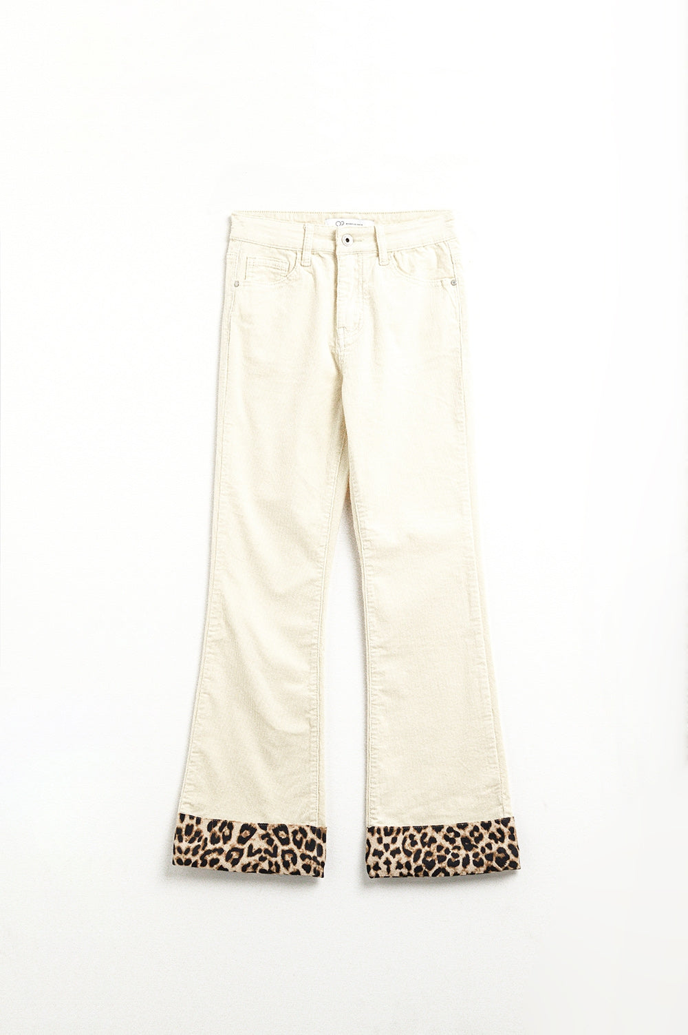 Light Beige Corduroy flare pants with leopard print at the bottom