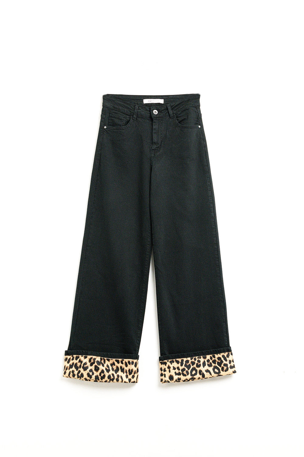 Wide leg black pants with leopard print at the bottom