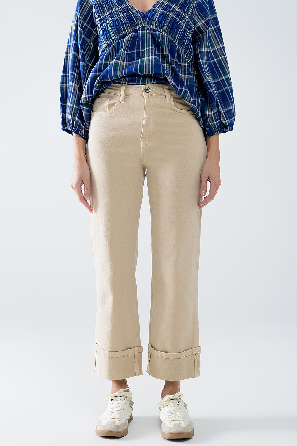 Straight leg Pants with cropped hem in dark beige