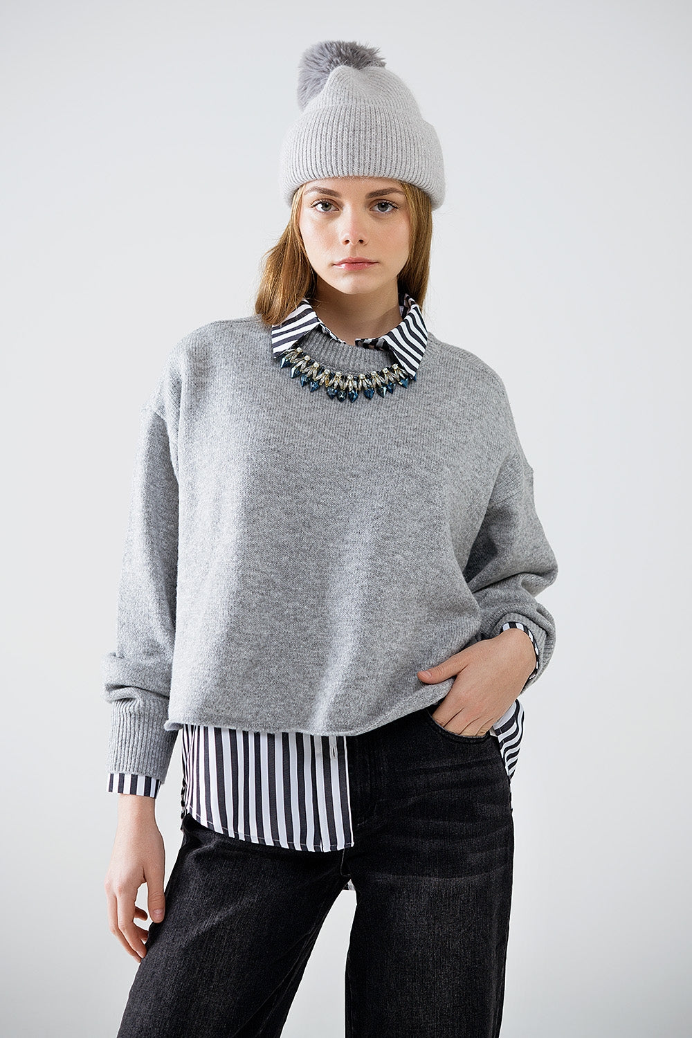 Soft knit grey jumper with balloon sleeves