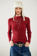 Fitted ribbed sweater in maroon with silver thread detail