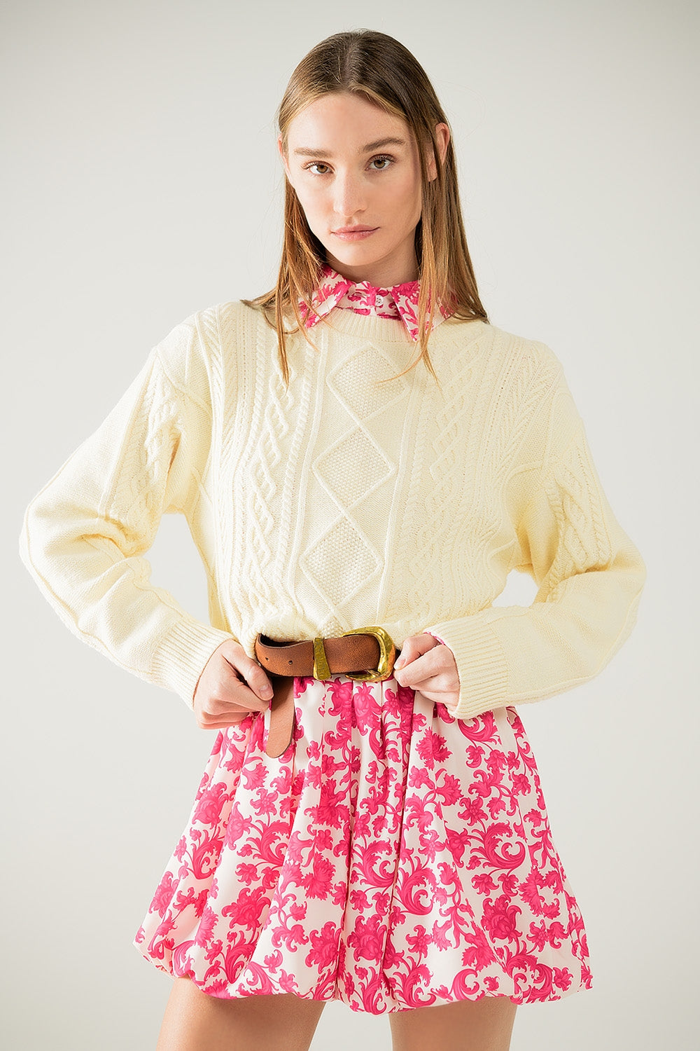Cream soft knit sweater with cable pattern